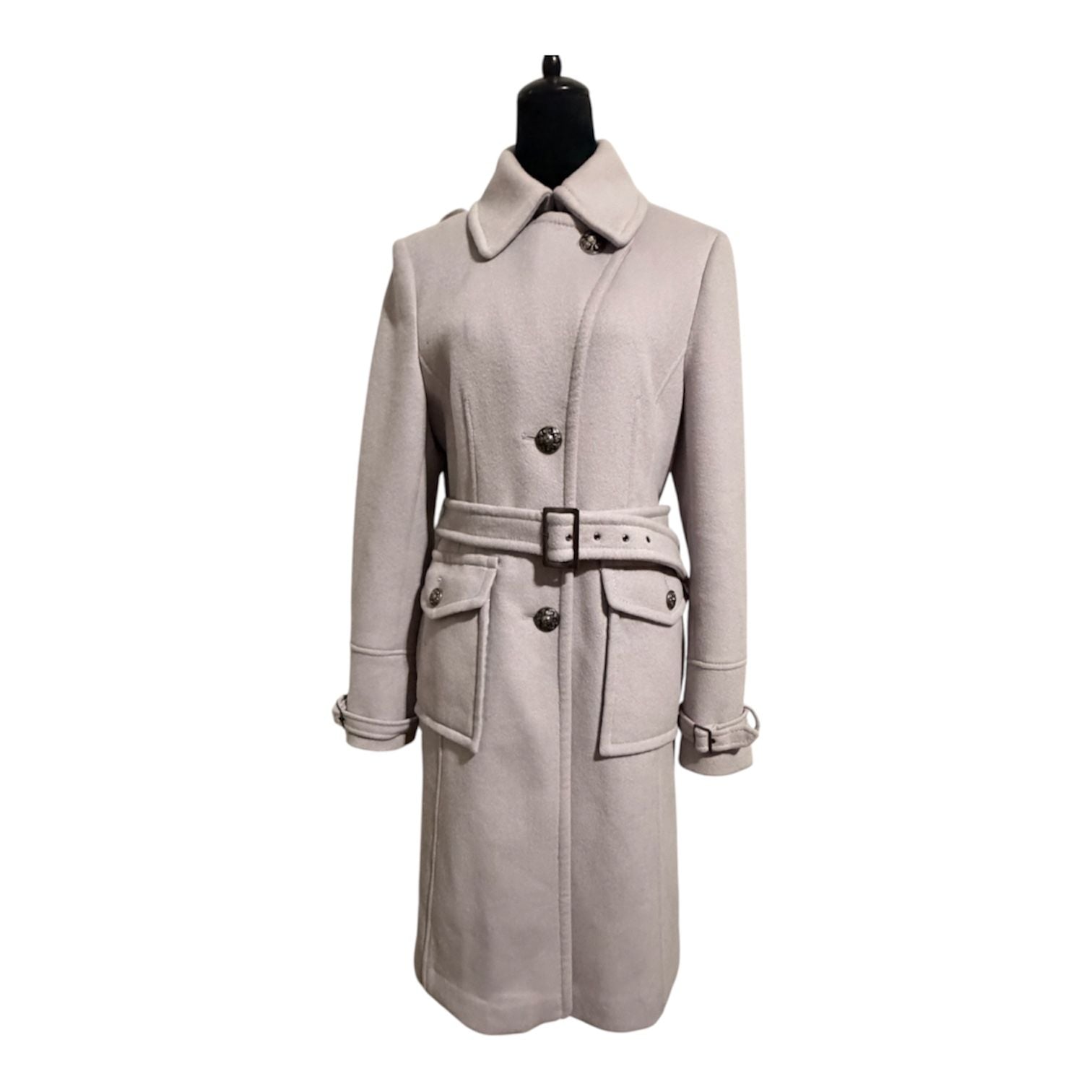 Vintage Tahari Wool Blend Belted Trench Coat Light Grey, Size Large/ 14 6
