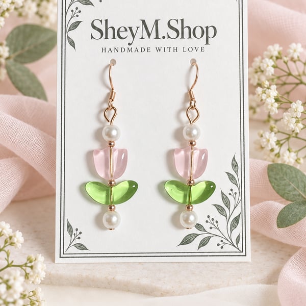 Handmade  Blushing Bloom Tulip Dangle Earrings NWT