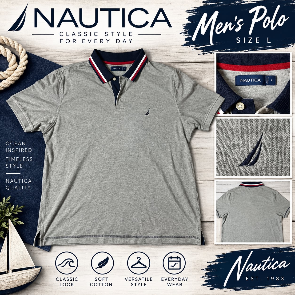 Nautica Polo Shirt Size L Gray Cotton Short Sleeve Tipped Collar 2