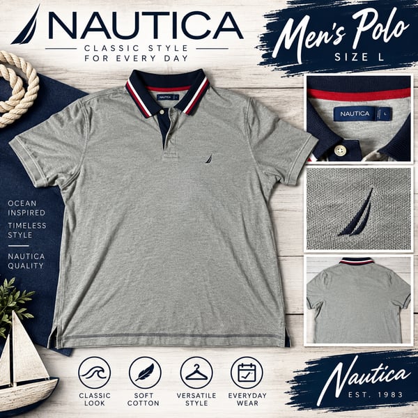 Nautica Polo Shirt Size L Gray Cotton Short Sleeve Tipped Collar