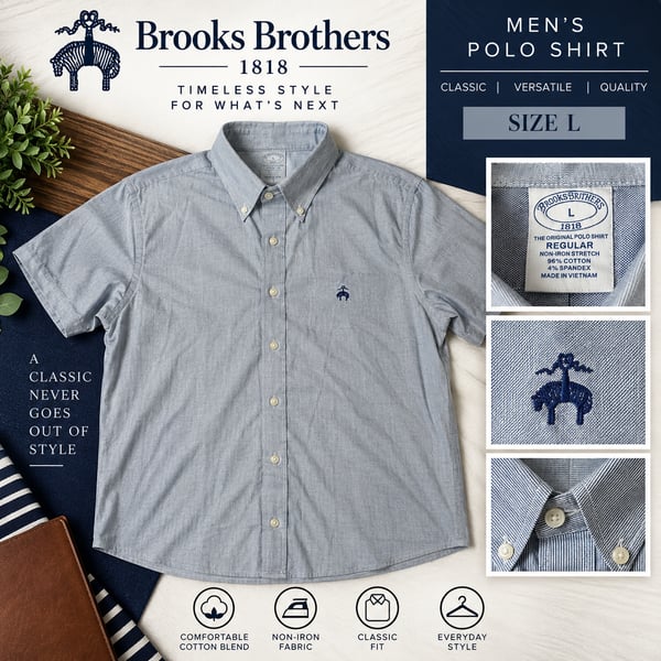 Brooks Brothers 1818 Polo Shirt Size L Regular Non-Iron Stretch Blue