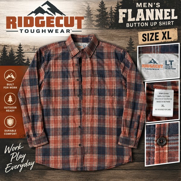 Ridgecut Toughwear Plaid Flannel Button Up Shirt Size LT Orange Blue