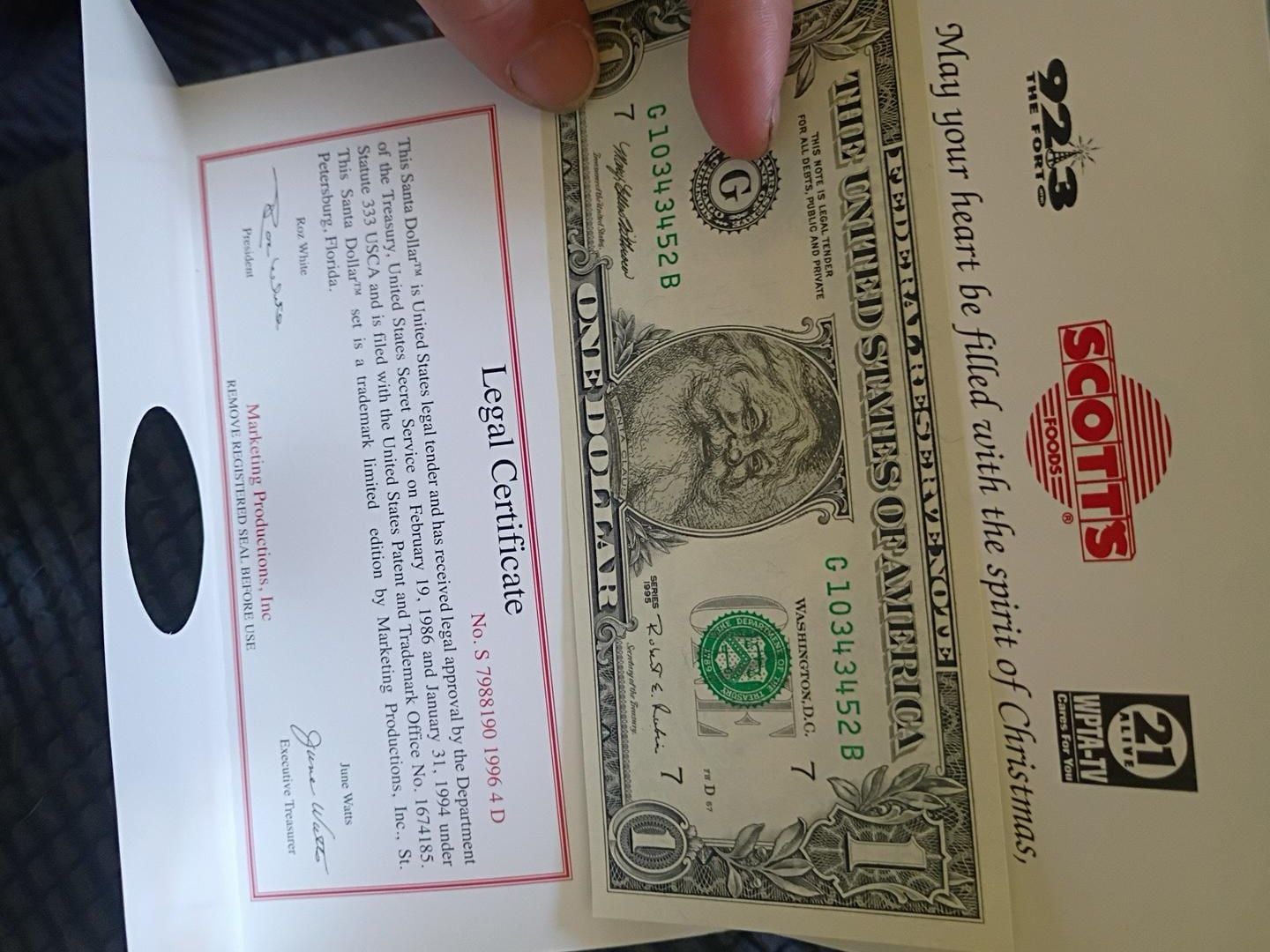 Marketing Productions Santa Dollar Legal Certificate Note Scotts Foods 1