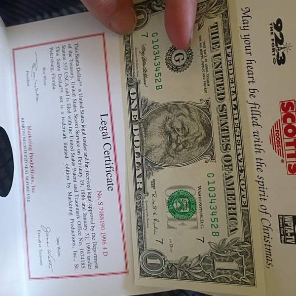 Marketing Productions Santa Dollar Legal Certificate Note Scotts Foods