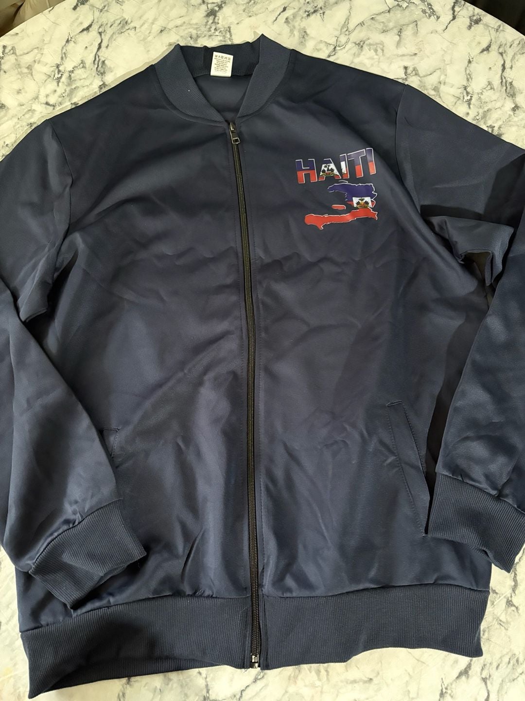 Haiti Full-Zip Bomber Jacket Size L Navy Blue Map Flag Print 2
