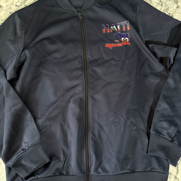 Haiti Full-Zip Bomber Jacket Size L Navy Blue Map Flag Print