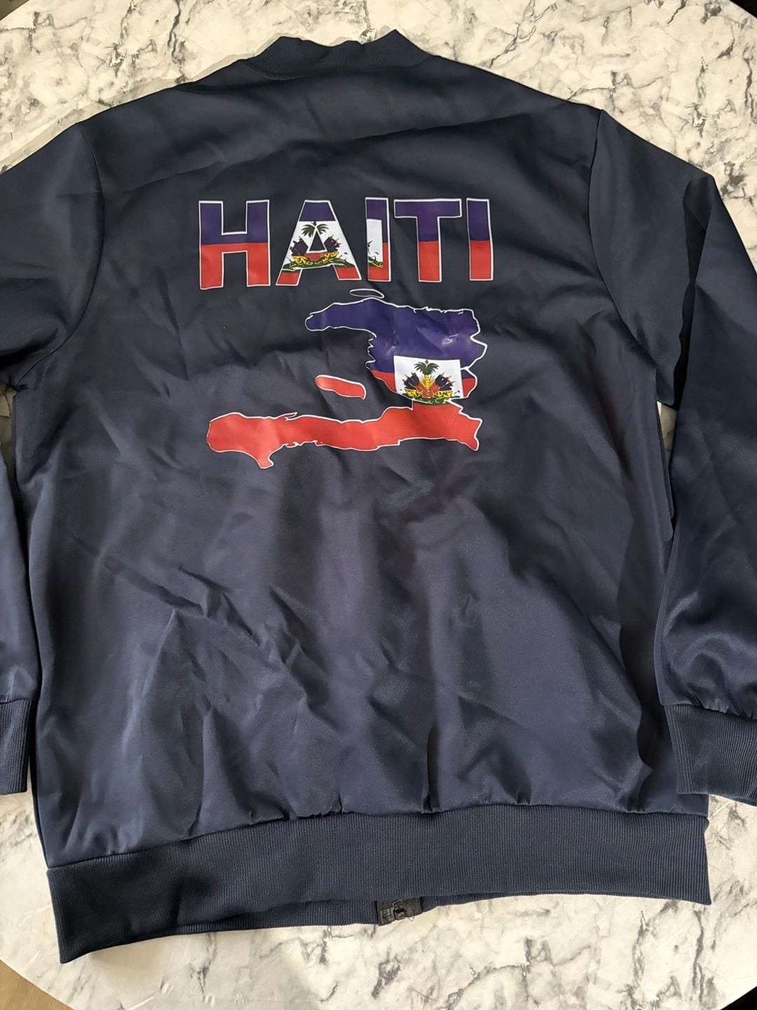 Haiti Full-Zip Bomber Jacket Size L Navy Blue Map Flag Print 4