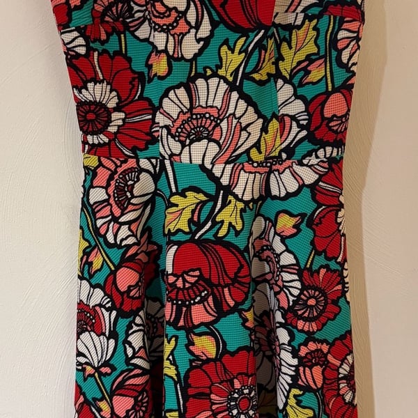 Mystic Floral Pop Art Sleeveless Dress Size M Teal Red