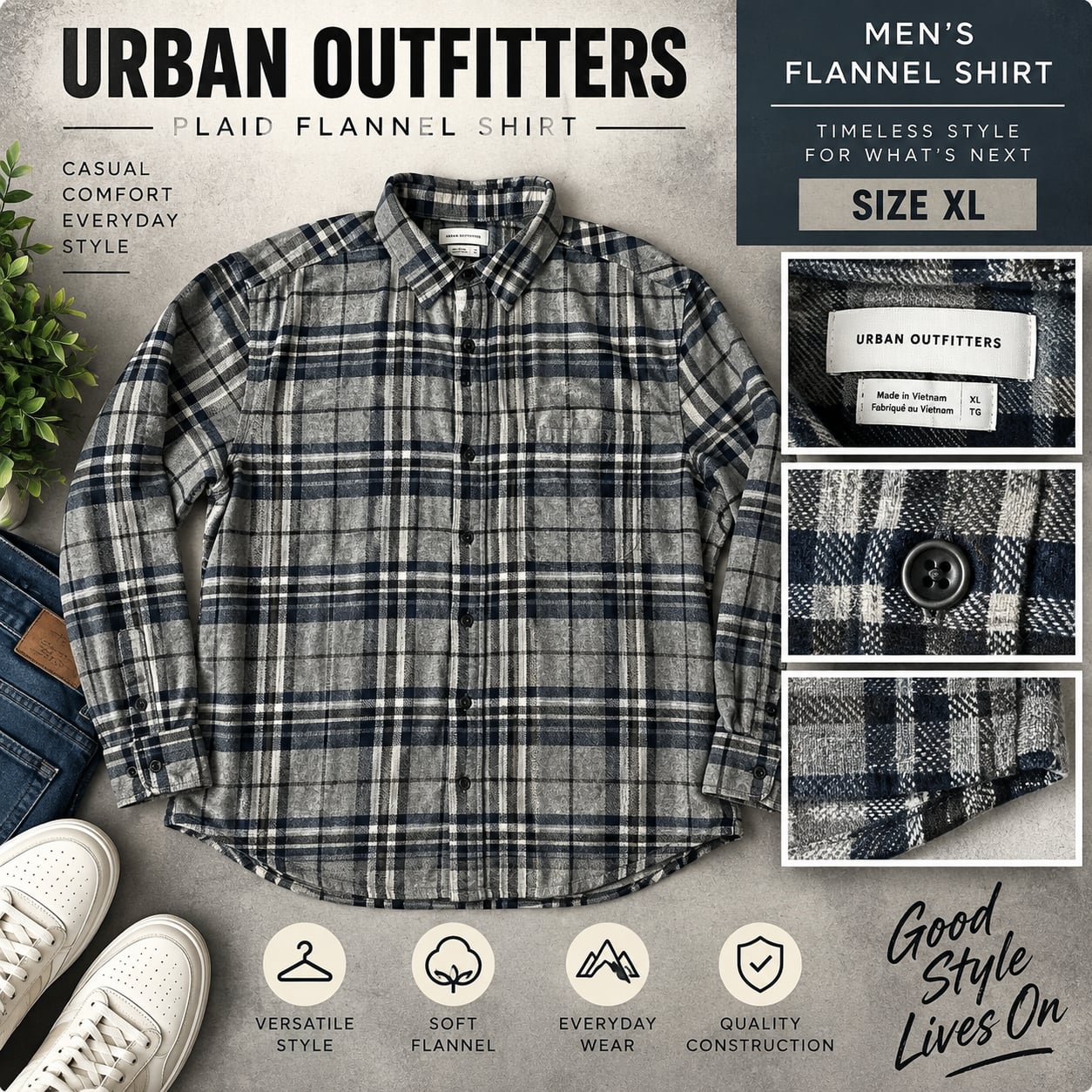 Urban Outfitters Plaid Flannel Shirt Size XL Gray Black Long Sleeve Button Up 2