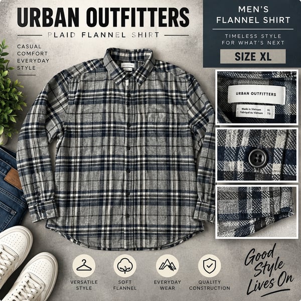 Urban Outfitters Plaid Flannel Shirt Size XL Gray Black Long Sleeve Button Up