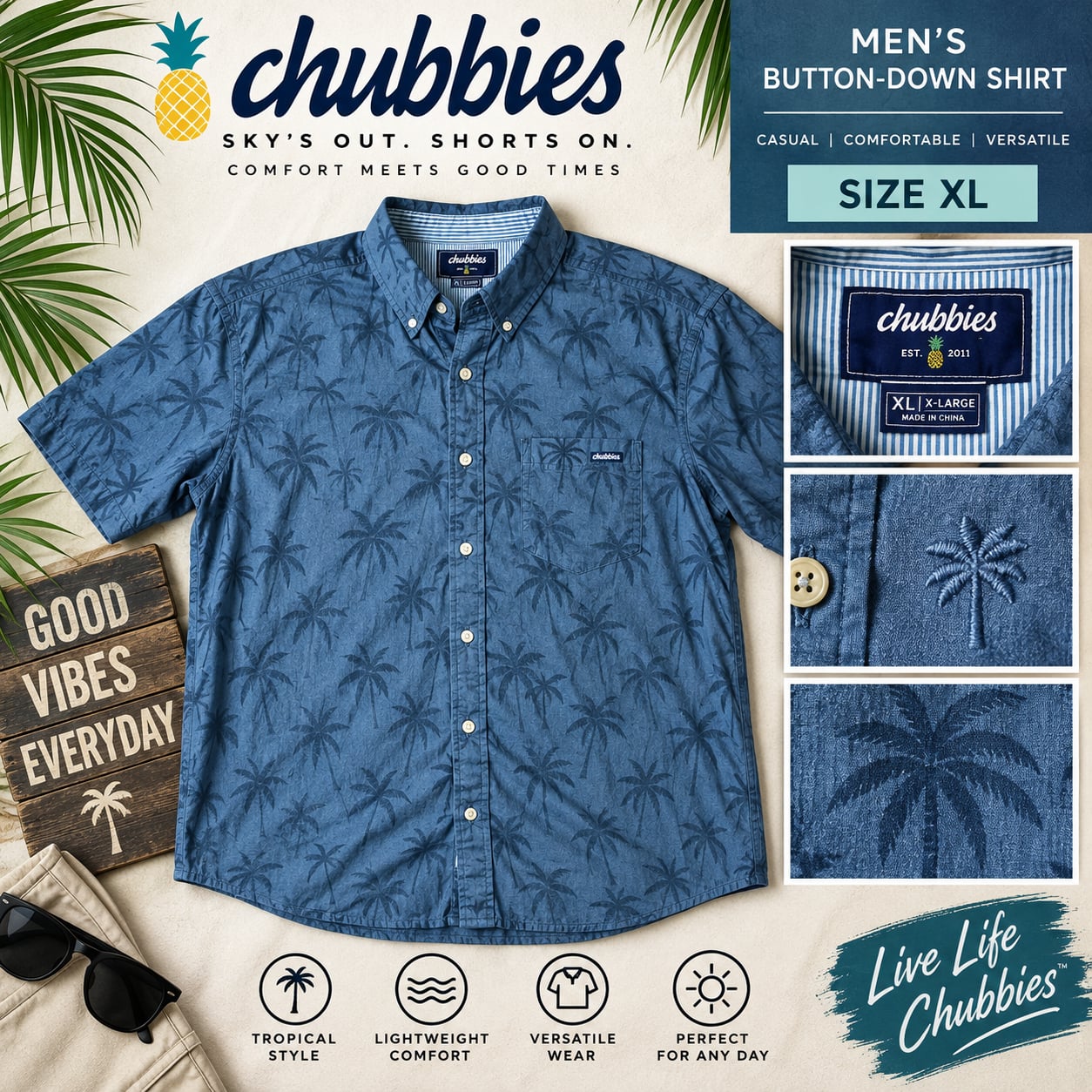 Chubbies Button-Down Shirt Size XL Blue Palm Tree Print Short Sleeve 2
