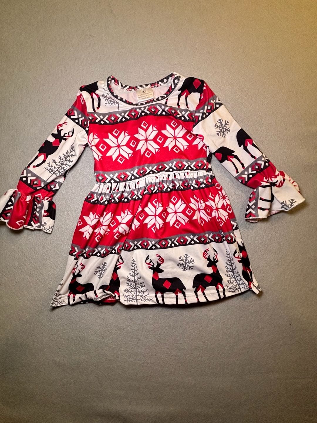 Girls Reindeer Christmas Dress Size XS Red White Snowflake Bell Sleeve 2