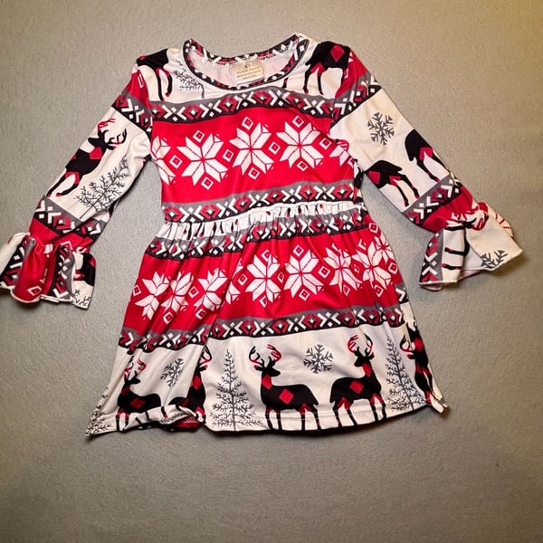 Girls Reindeer Christmas Dress Size XS Red White Snowflake Bell Sleeve