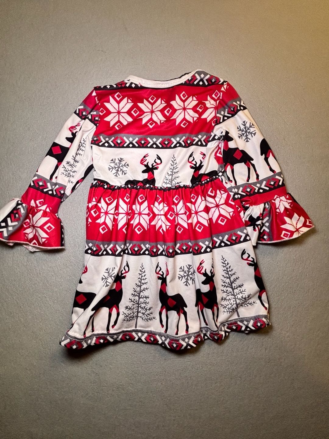 Girls Reindeer Christmas Dress Size XS Red White Snowflake Bell Sleeve 4