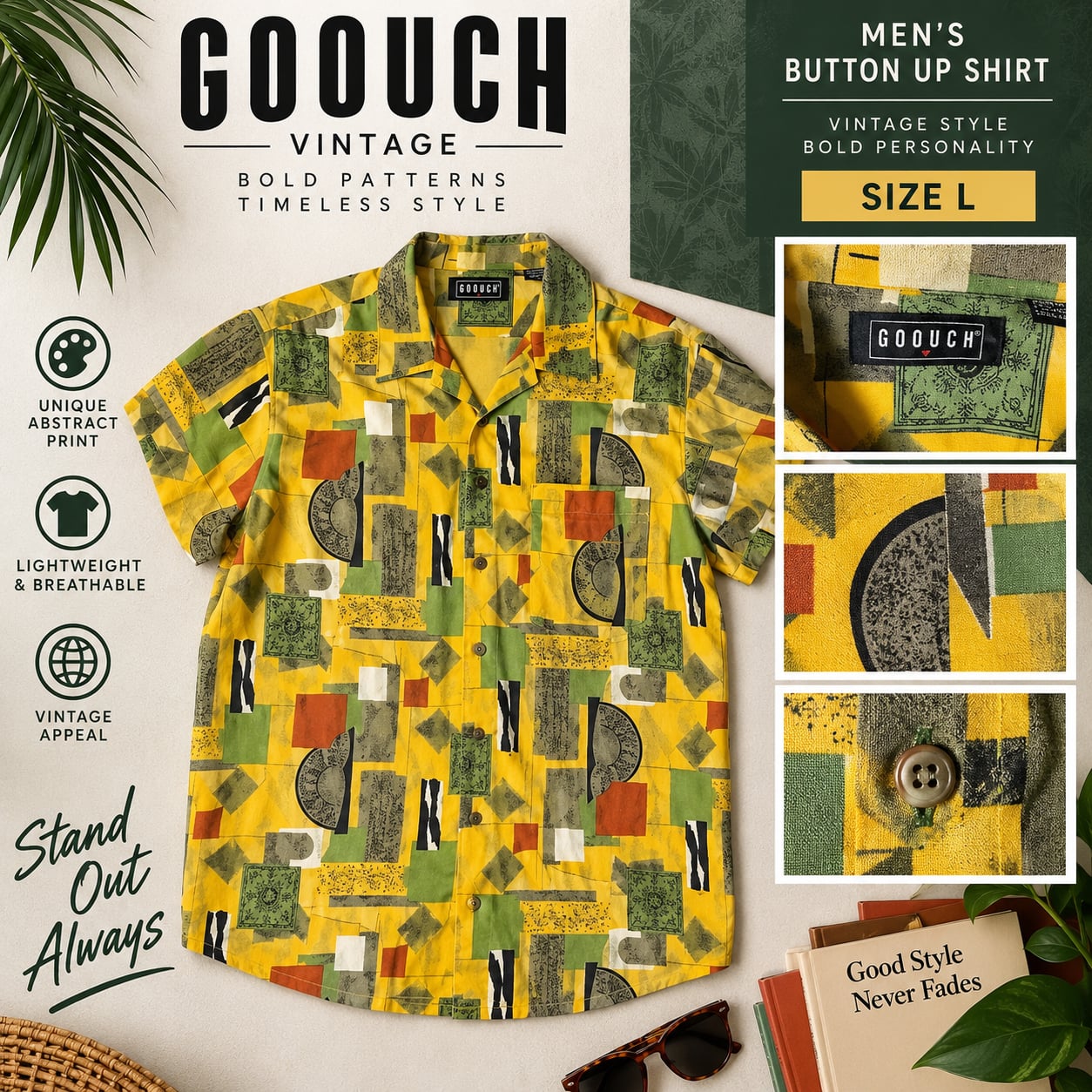 Goouch Vintage Abstract Button Up Shirt Size L Yellow Multi 2