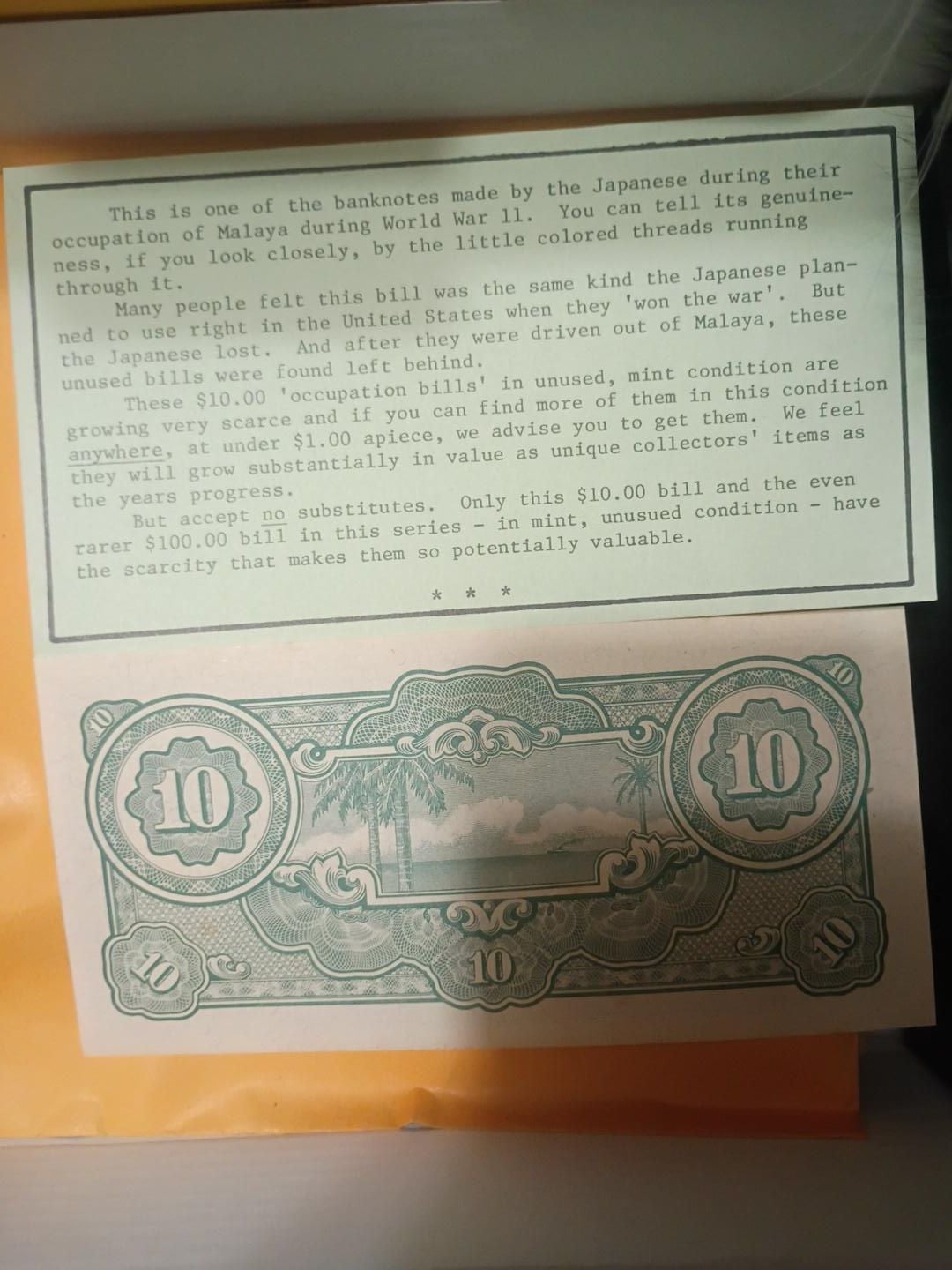 Japanese Government Ten Dollars World War II Malaya Invasion Note 1