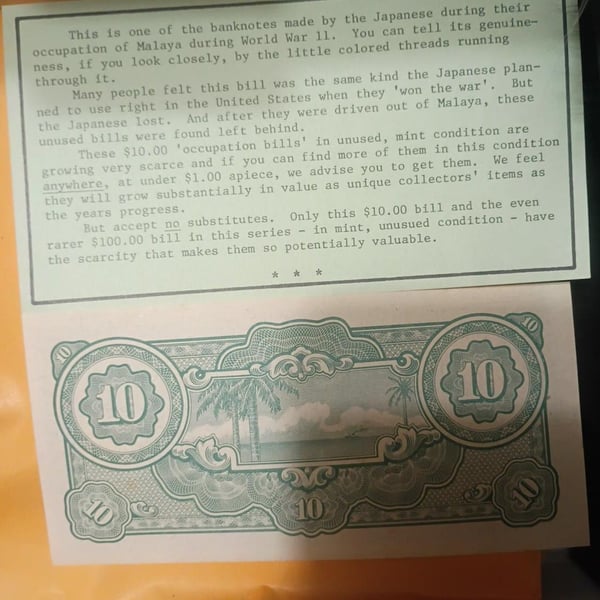 Japanese Government Ten Dollars World War II Malaya Invasion Note