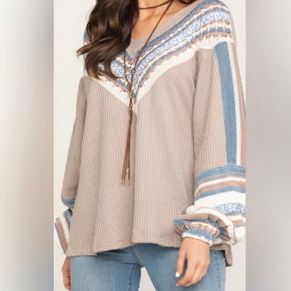 Free People Copenhagen Thermal Top Size Medium Beige Waffle Knit V-Neck