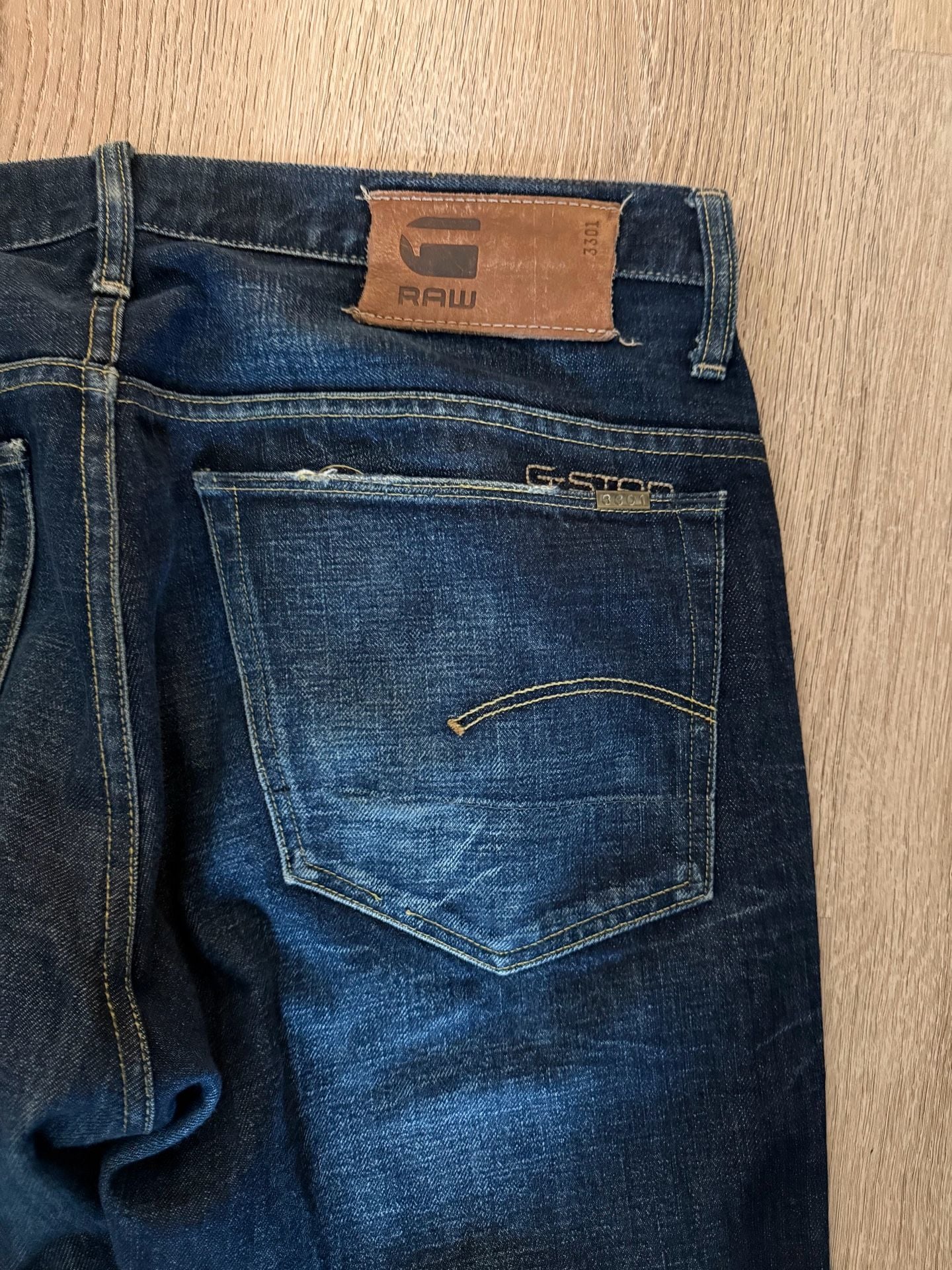 G-Star Raw 3301 Jeans 33x32 Dark Wash Distressed Straight Leg Denim 6