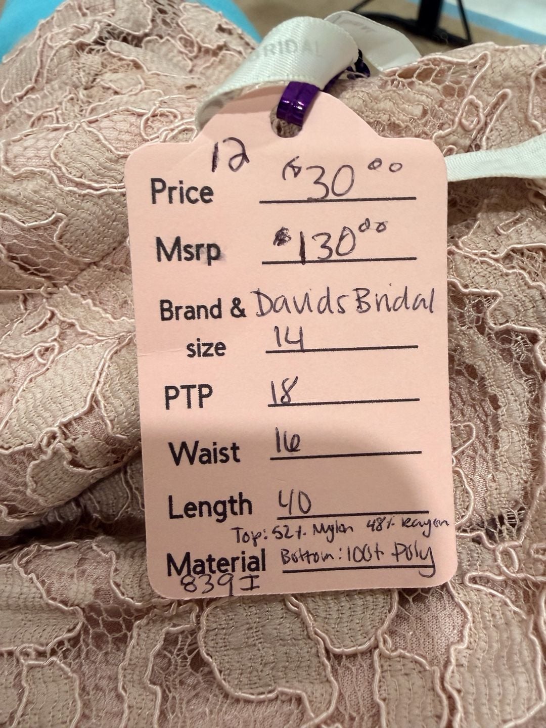 David's Bridal One-Shoulder Lace Chiffon Midi Dress Pink 10