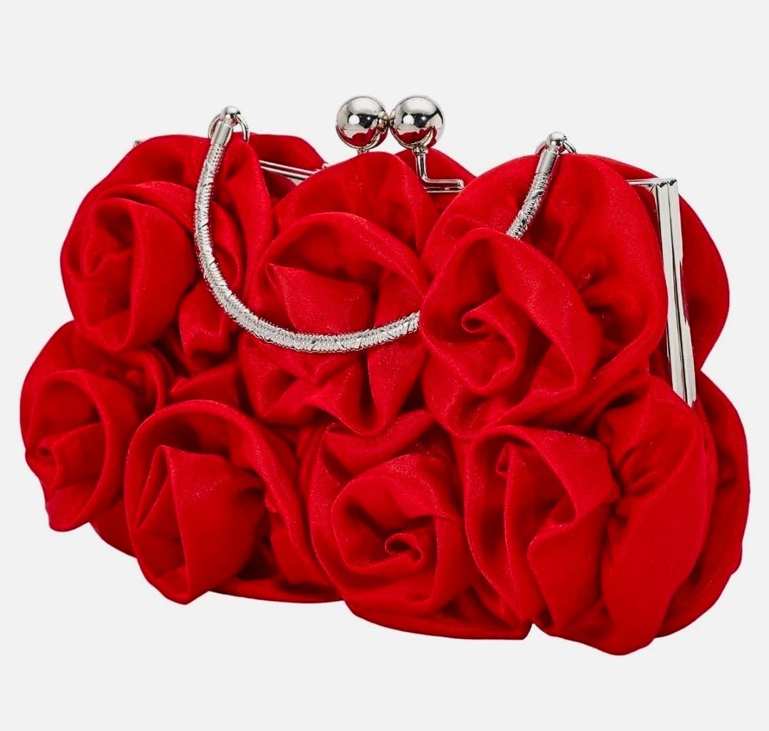 MEGAUK Rose Satin Evening Handbag Red Floral Clutch Bag 4
