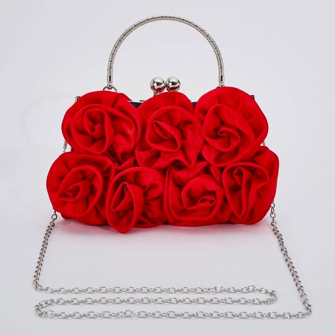 MEGAUK Rose Satin Evening Handbag Red Floral Clutch Bag 5