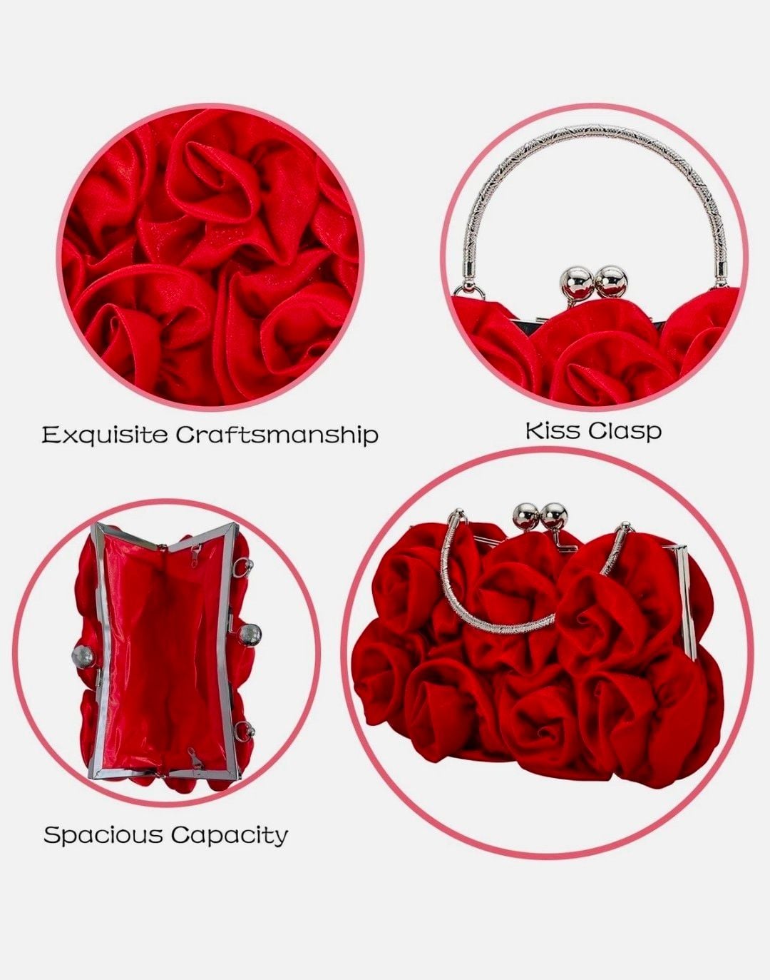 MEGAUK Rose Satin Evening Handbag Red Floral Clutch Bag 6