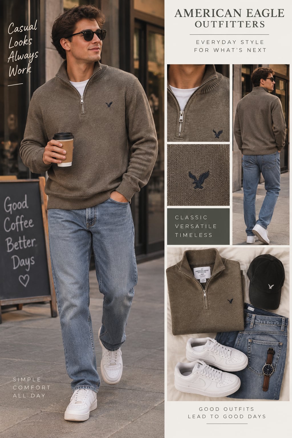 American Eagle Outfitters Men's Brown Cotton 1/4 Quarter Zip Mock Neck Pullover Sweater XL 2