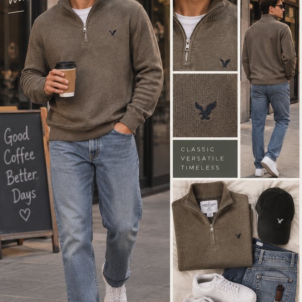 American Eagle Outfitters Men's Brown Cotton 1/4 Quarter Zip Mock Neck Pullover Sweater XL