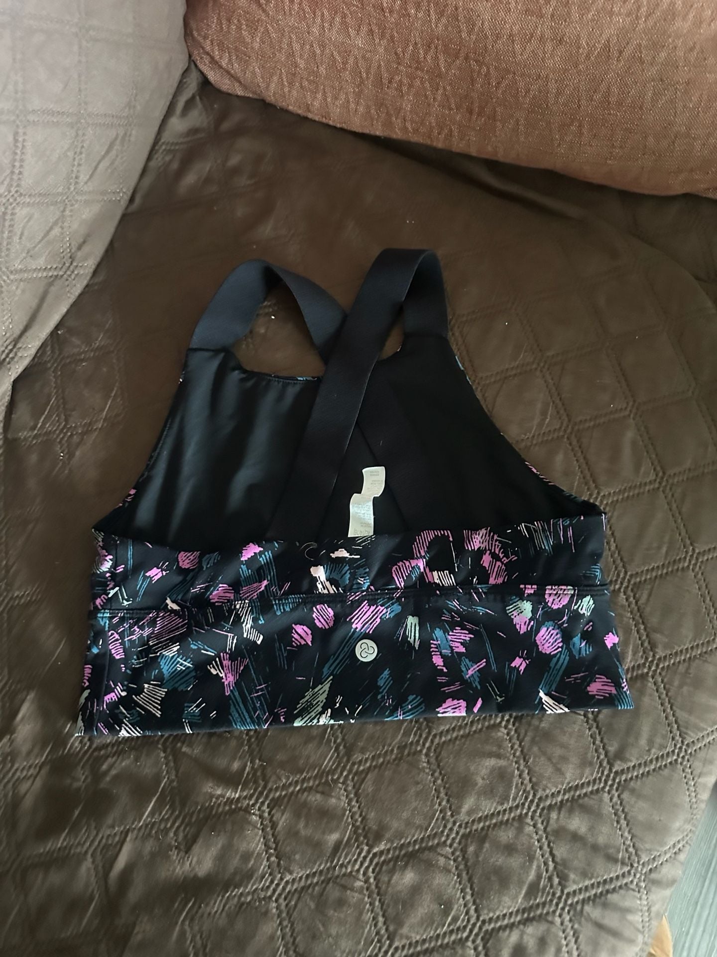 Zella Sports Bra Size XL (14/16) Black Multicolor Floral Athletic 2