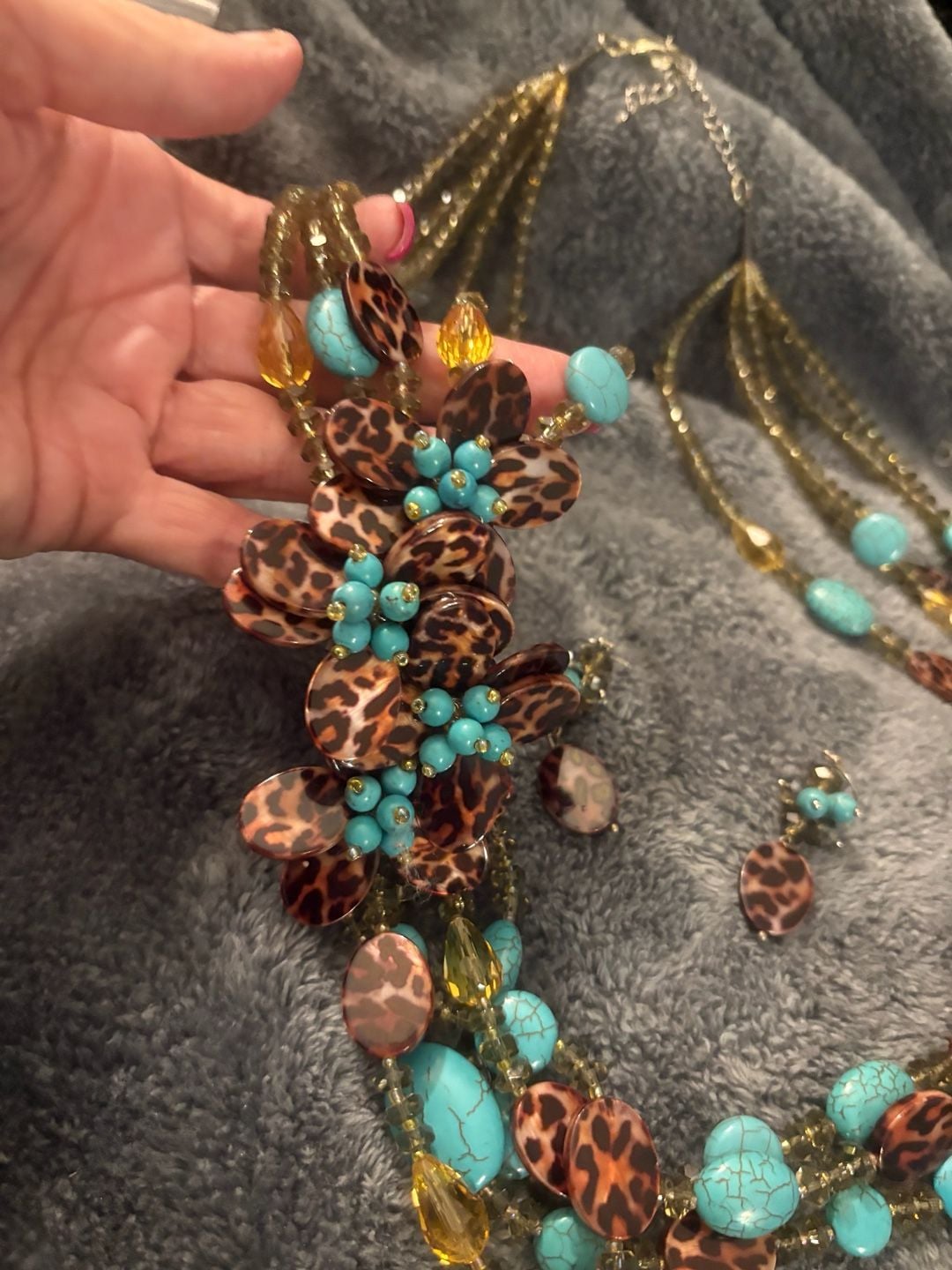 Unbranded Multi Strand Statement Necklace and Earrings Set Leopard Print 2