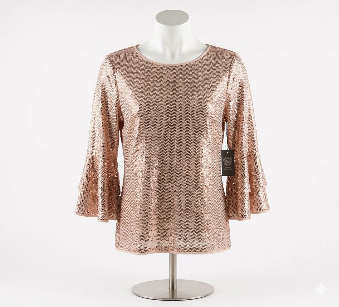 Vince Camuto Women's Sequin Bell Sleeve Top Pink Size Large 2