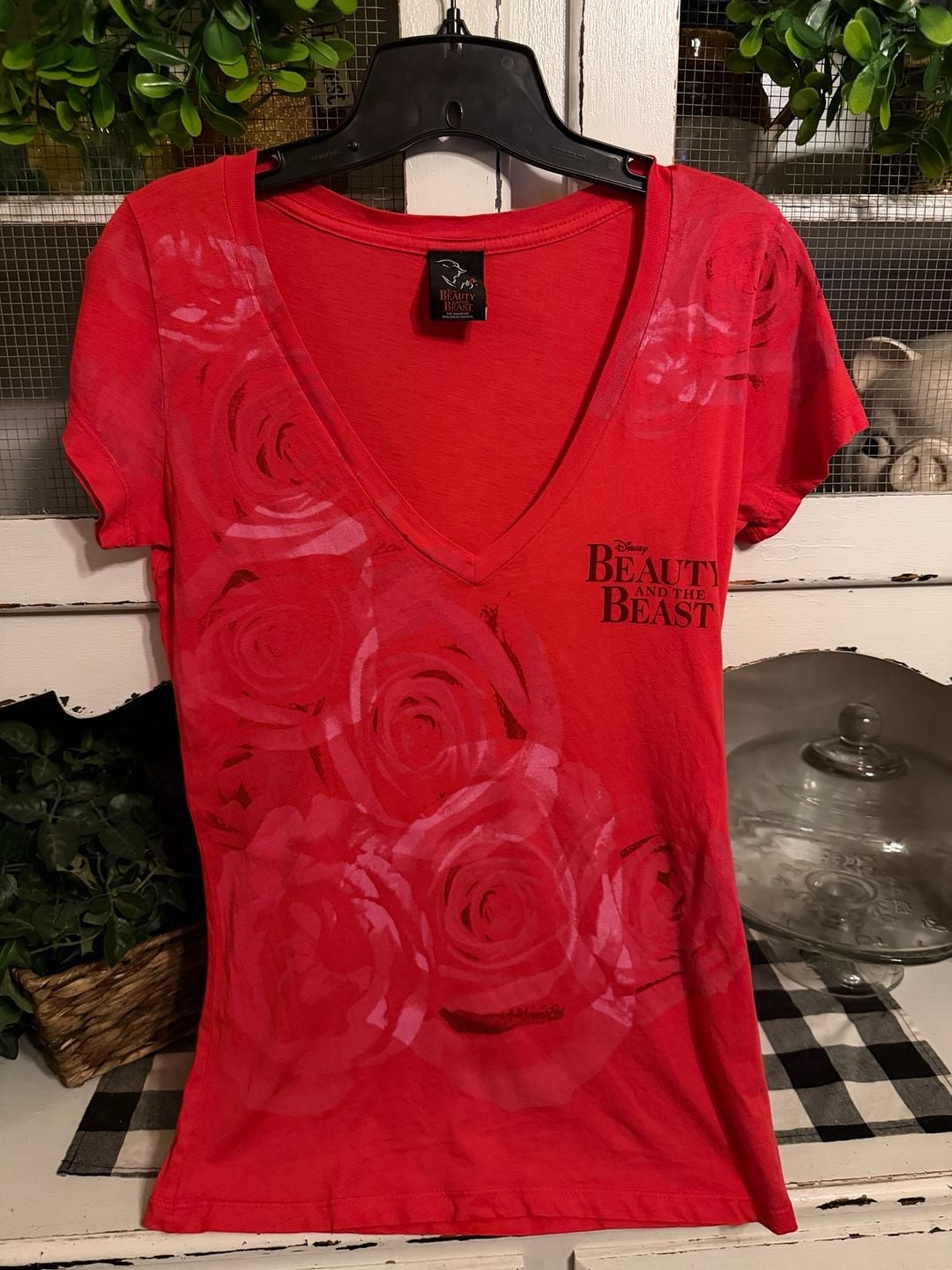 Women’s Disney Beauty and the Beast Broadway Musical V-Neck Rose Shirt Red 2