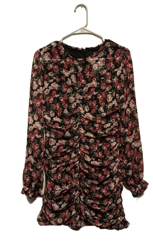 VICI Dress Medium Black Floral Long Sleeve Ruched Mini Y2K cottagecore fairy coquette 2