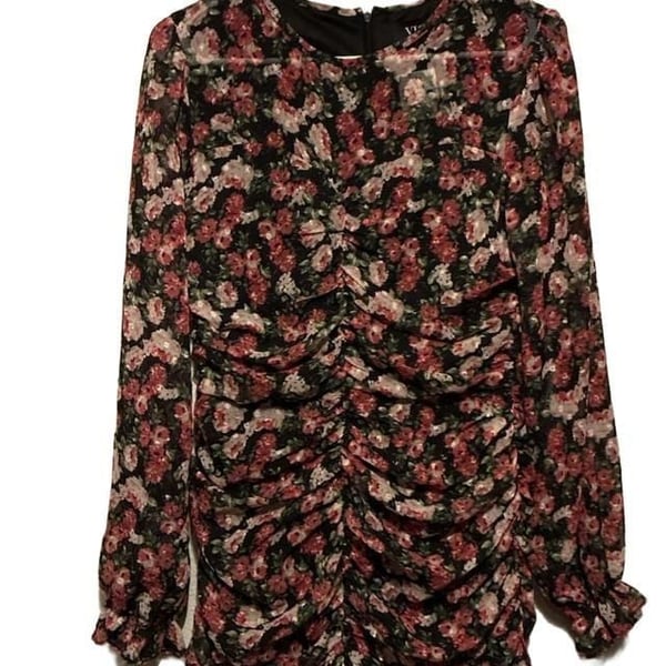 VICI Dress Medium Black Floral Long Sleeve Ruched Mini Y2K cottagecore fairy coquette