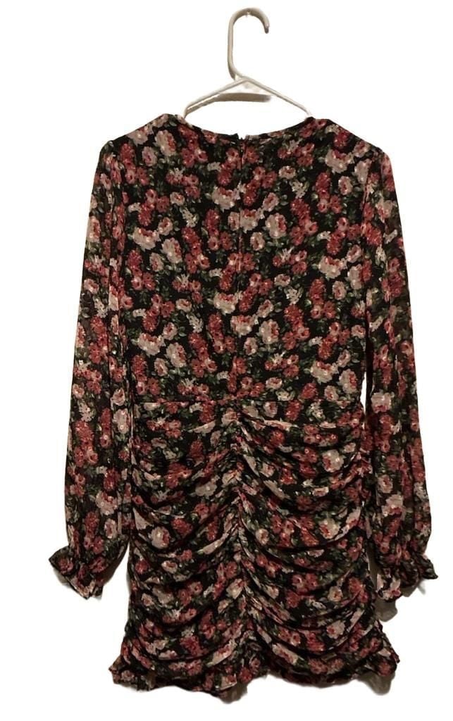 VICI Dress Medium Black Floral Long Sleeve Ruched Mini Y2K cottagecore fairy coquette 5