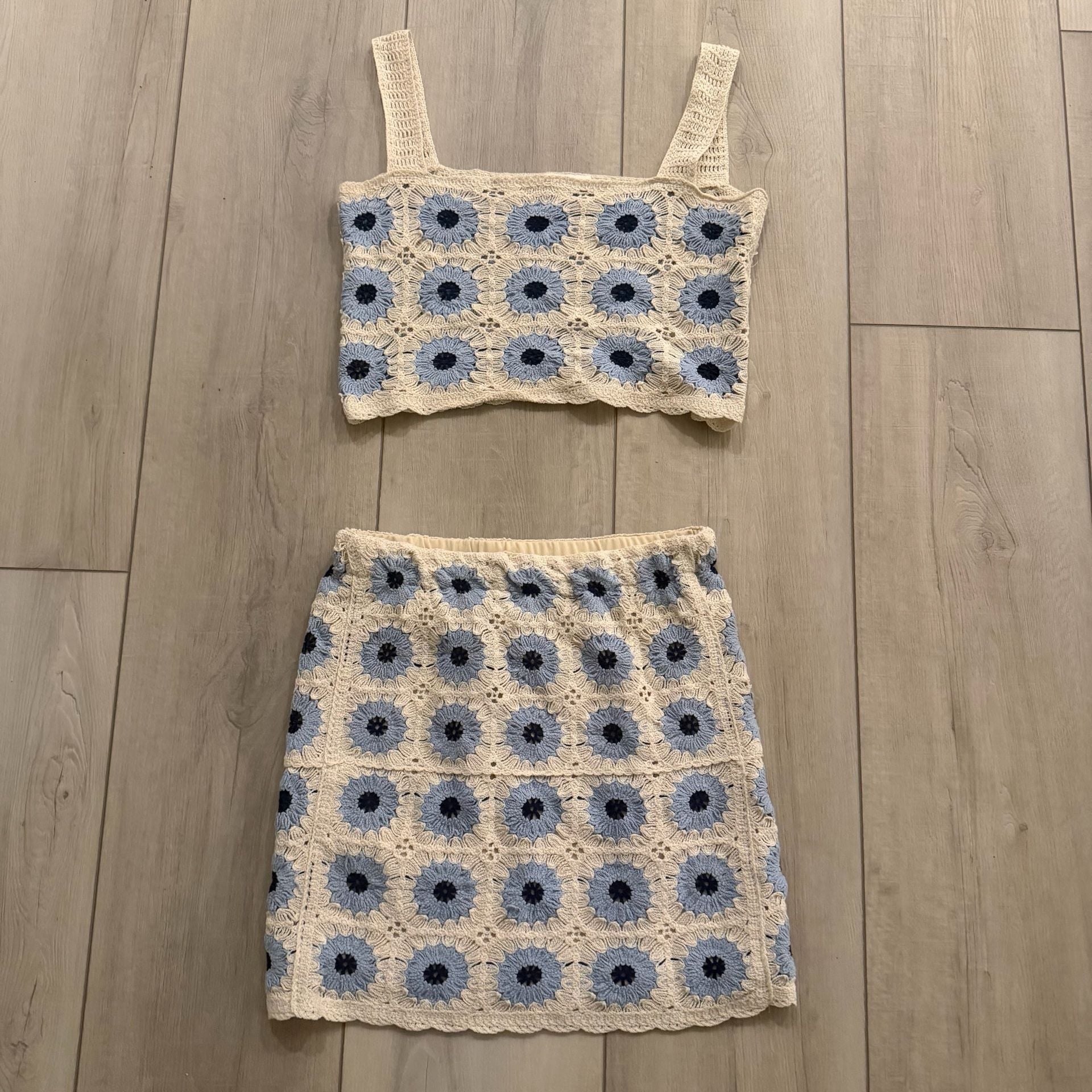 Rebellion Crochet Two Piece Set Size L Blue Floral 1