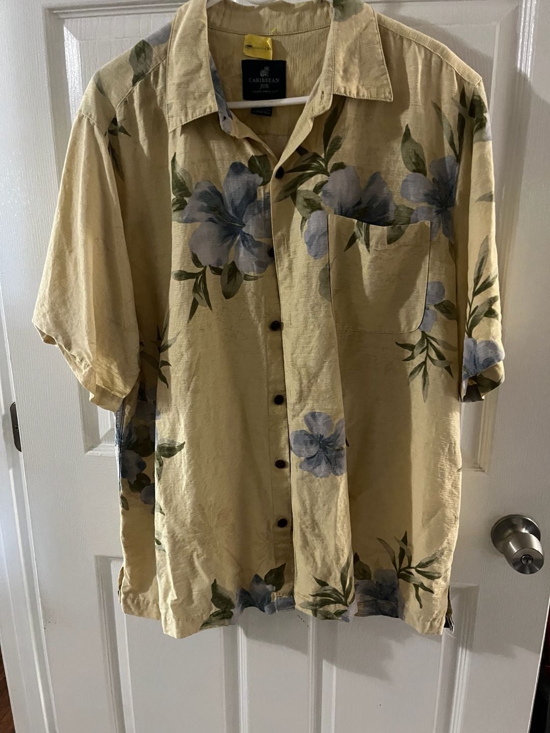 Caribbean Joe Tropical Hawaiian Button Down Shirt Yellow Floral Silk 2