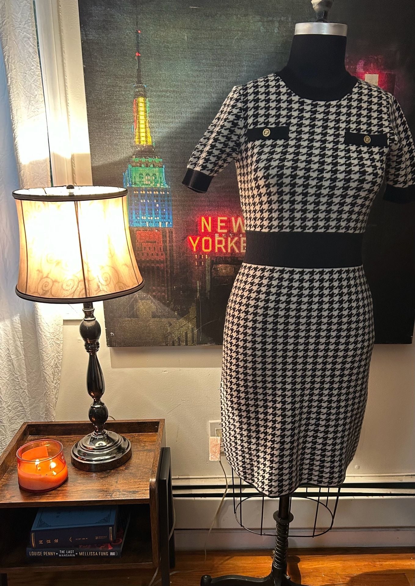 Karl Lagerfeld Houndstooth Sweater Dress Size M Black White Knit 2