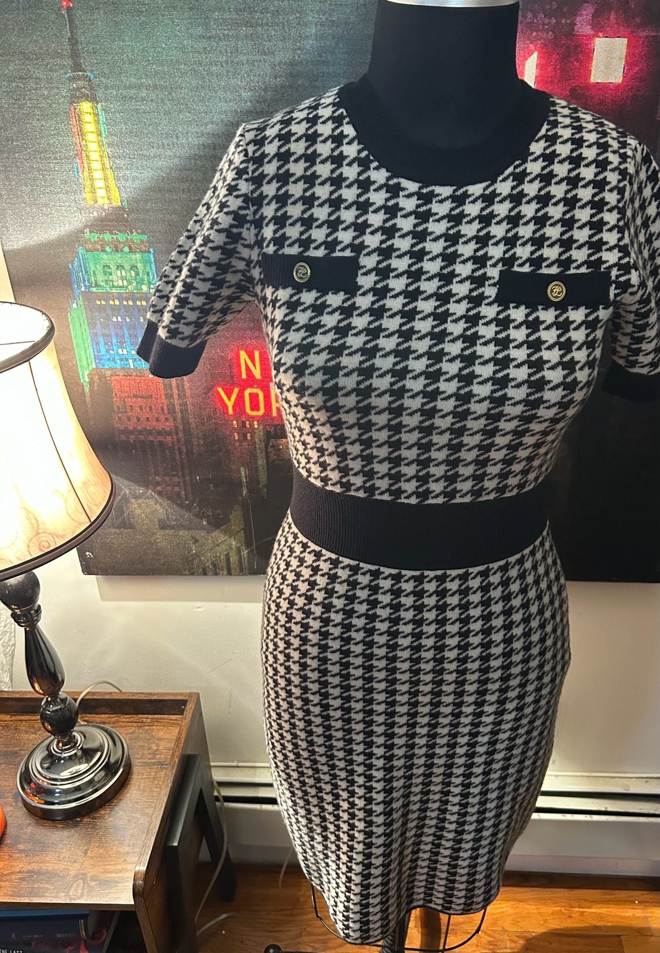 Karl Lagerfeld Houndstooth Sweater Dress Size M Black White Knit 3
