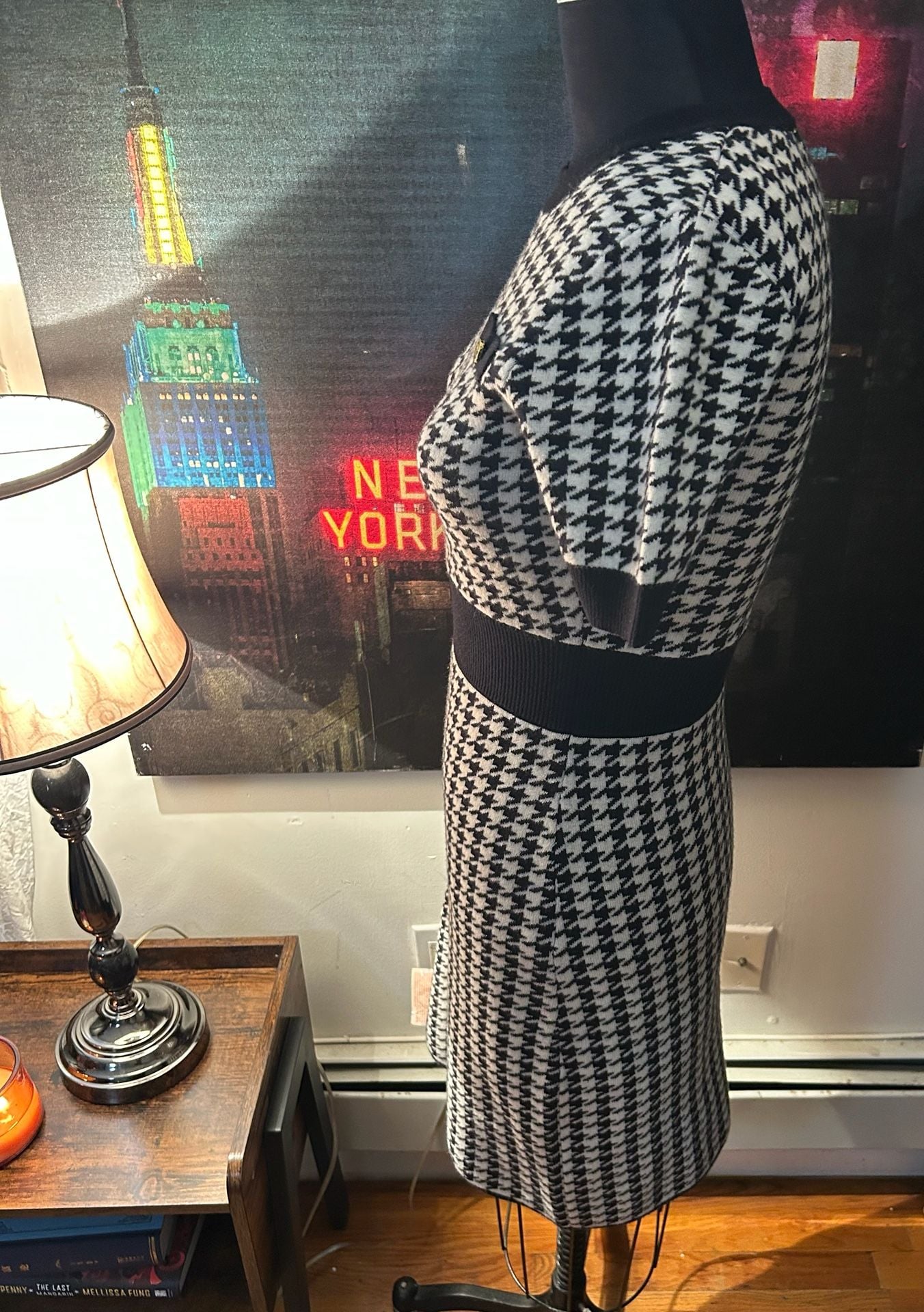 Karl Lagerfeld Houndstooth Sweater Dress Size M Black White Knit 4