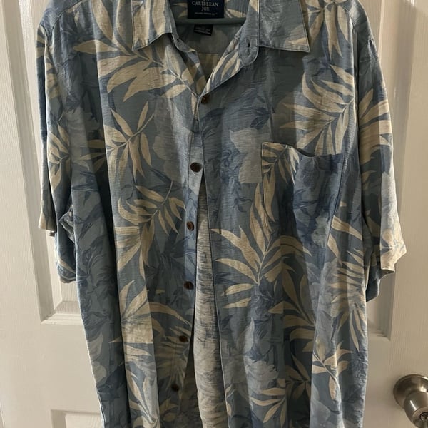 Caribbean Joe Tropical Silk Short Sleeve Shirt XXL Blue Palm Leaf