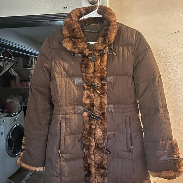 Gordon & Ferguson Puffer Coat Size 46 Brown Rabbit Fur Trim