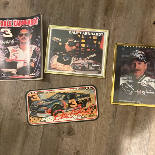 Dale Earnhardt NASCAR Collectible Lot Framed Photos , notebook and License Plate