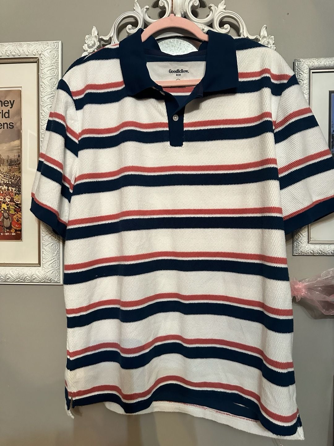 Goodfellow & Co Polo Shirt Size XL White Red Blue Striped Textured Short Sleeve 2