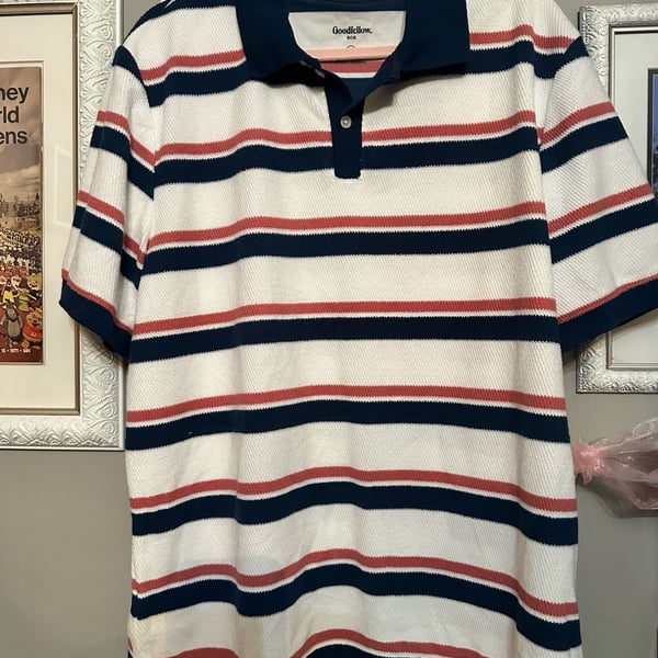 Goodfellow & Co Polo Shirt Size XL White Red Blue Striped Textured Short Sleeve