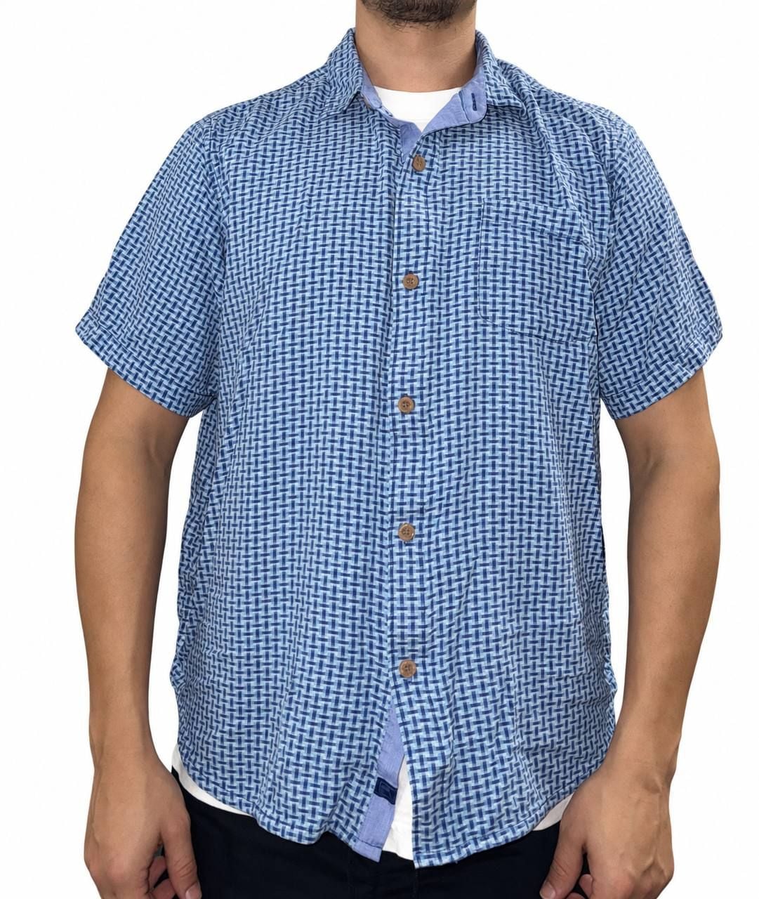 Tommy Bahama Blue Basketweave Geometric Print Silk Blend Short Sleeve Button Down Shirt 2