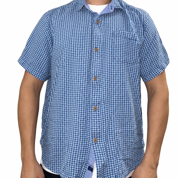 Tommy Bahama Blue Geometric Basketweave Print Short Sleeve Button Down Shirt Size XL
