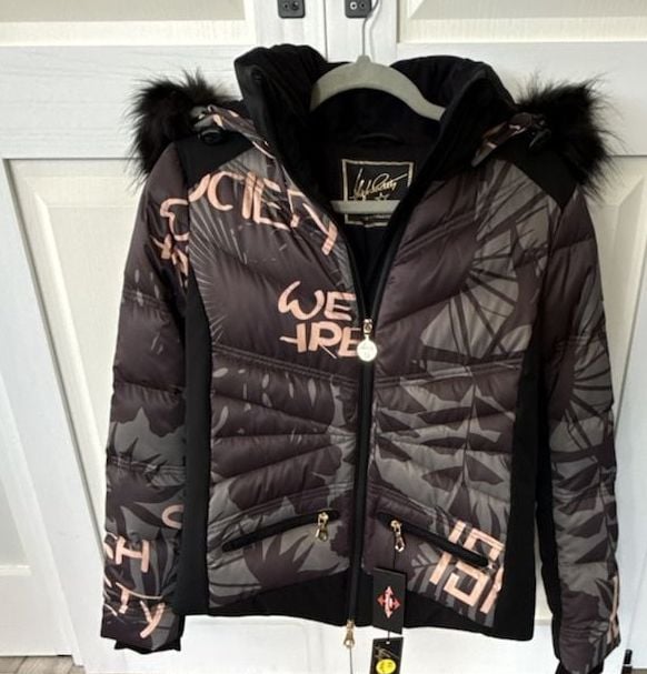High Society Ski Jacket Faux Fur Size 38 Black Print 4