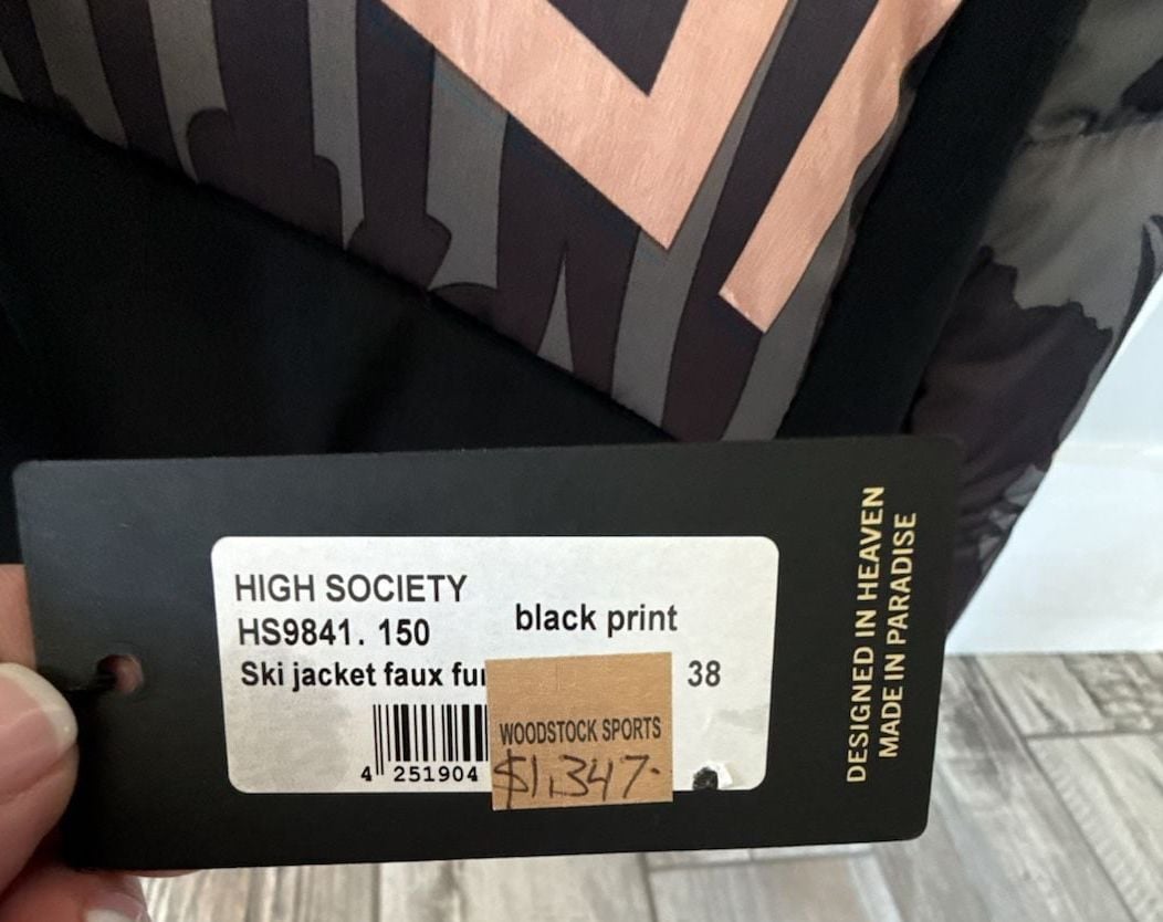 High Society Ski Jacket Faux Fur Size 38 Black Print 8